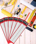 Heavy Duty Red Ladder Inspection Labels 120 Pack Real Deal Safety Stickers For Job Site Checks and Crew Step Tagging with blank log grid and tools.