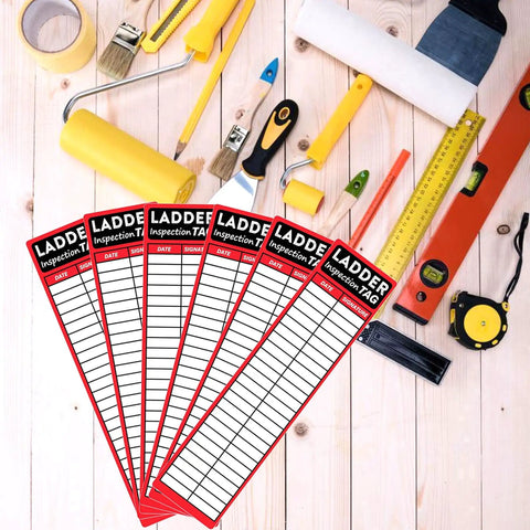 Heavy Duty Red Ladder Inspection Labels 120 Pack Real Deal Safety Stickers For Job Site Checks and Crew Step Tagging with blank log grid and tools.
