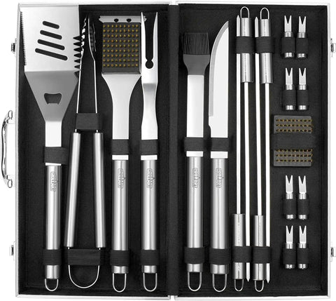 Complete 19-Piece BBQ Grill Utensil Set With Stainless Steel Tools And Aluminum Storage Case, Includes Tongs, Fork, Knife