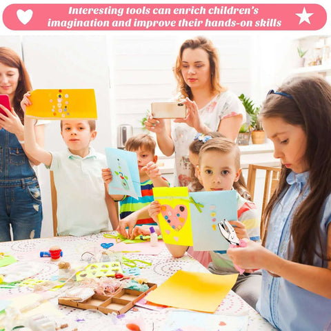 Children using Two Piece Handy Handheld Paper Punch Set With Heart And Star Holes for crafts in classroom.