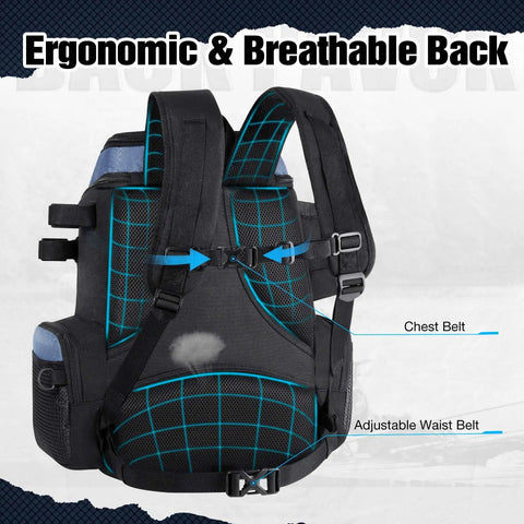 Fishing Tackle Backpack With Rod Holders And Four Tackle Boxes, black ergonomic back design, breathable mesh material