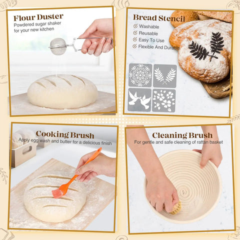 All-In-One Sourdough Starter Kit with flour duster, bread stencil, cooking brush, cleaning brush for ultimate bake gift for bakers.