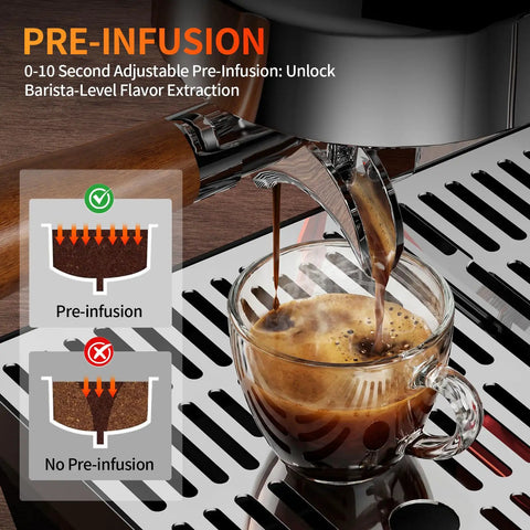 Heavy Duty Semi Automatic Espresso Maker With 15Bar Extraction Power And Quick Dial Milk Frother Steam Wand For Dope Shot Pulls And No Hassle Home Kitchen Setup brewing coffee with adjustable pre-infusion.
