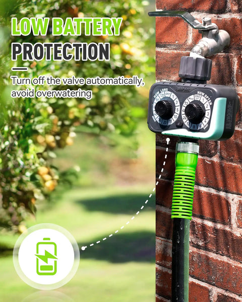 Weatherproof Sprinkler Timer With Three Quarter Inch Hose Port attached to outdoor faucet, lawn and garden background