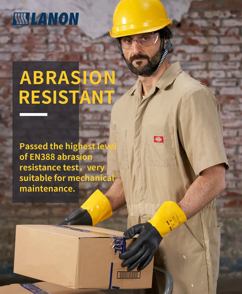 Man wearing thick PVC chemical gloves for heavy duty work holding a box, showcasing acid alkali and oil resistance.