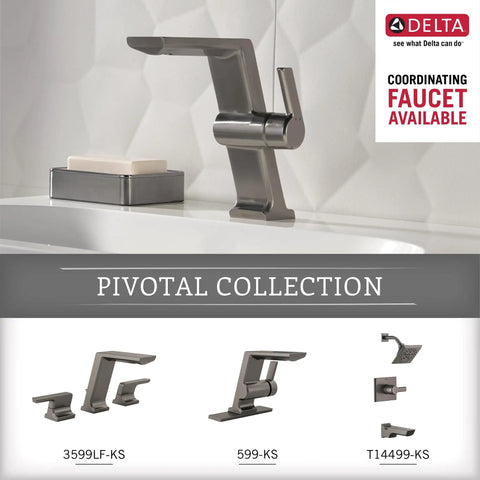 Delta Pivotal Collection faucet set with black stainless finish, featuring modern angular designs and coordinating options.