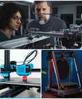 Two people examining 3D printer next to Four Pack 2020 Aluminum T Slot Extrusion Profile 100mm Four Inch European Standard Anodized frame