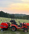 All In One Hay Baler Wrapper And Rake Tedder Combo HB3120 HW20 HT100 For Farm Use with tractor in field at sunset