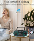 Retro Boombox CD Player And Cassette Player Combo With Bluetooth USB TF Card FM Radio on table, woman using phone