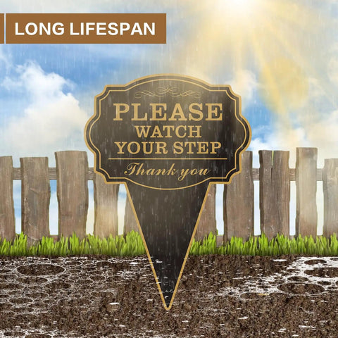 Double Sided Watch Your Step Yard Sign With Stake, 10x14 Rust-Free Metal Outdoor Safety Sign UV Printed For Walkways and Lawns