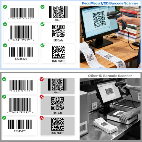 Handheld 1D 2D USB Barcode Scanner With Long Cable For POS And Mobile Payments Reads QR Codes PDF417 And Data Matrix in use at a desk