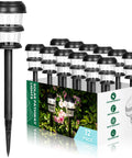 12 solar pathway lights in packaging, twin ring LED design, for bright auto-on at dusk, outdoors garden black weather resistant