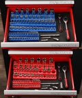 SAE and Metric Magnetic Socket Organizer Set for 1/4 3/8 and 1/2 Inch Drives Keeps 143 Shallow and Deep Sockets in a blue and red holder in drawer.