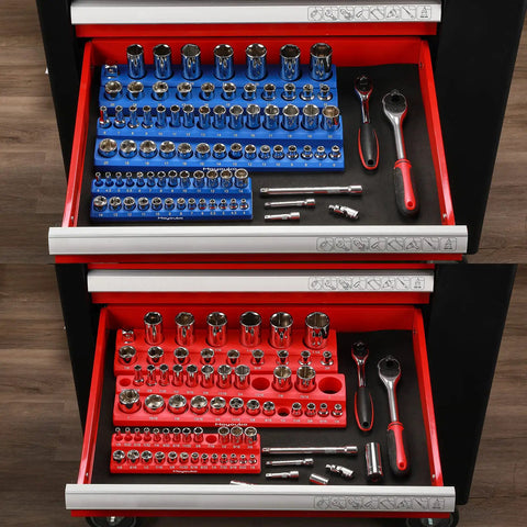 SAE and Metric Magnetic Socket Organizer Set for 1/4 3/8 and 1/2 Inch Drives Keeps 143 Shallow and Deep Sockets in a blue and red holder in drawer.