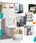 Fifteen Point Seven Inch Long Reach Toilet Wiping Aid For Independence And Comfort next to toilet and varied room images.
