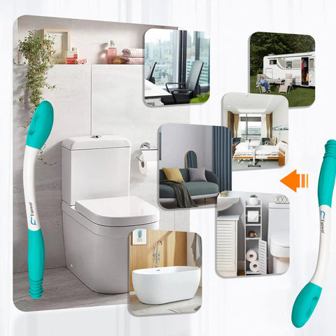 Fifteen Point Seven Inch Long Reach Toilet Wiping Aid For Independence And Comfort next to toilet and varied room images.