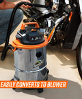 Powerful 900W 3 Peak HP Stainless Steel Wet Dry Vacuum With 4 Gallon Tank, 360 Degree Wheels near motorcycle