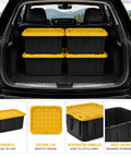 Heavy Duty Storage Totes With Secure Snap Fit Lids, 27 Gallon Stackable Plastic Bins For Garage Setup And Moving Day Hustle in a car trunk.