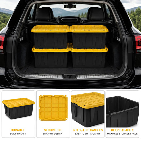 Heavy Duty Storage Totes With Secure Snap Fit Lids, 27 Gallon Stackable Plastic Bins For Garage Setup And Moving Day Hustle in a car trunk.