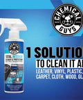 Chemical Guys Total Interior Cleaner & Protectant spray bottle, 16 oz, white bottle with blue label; cleans leather, vinyl, plastic.