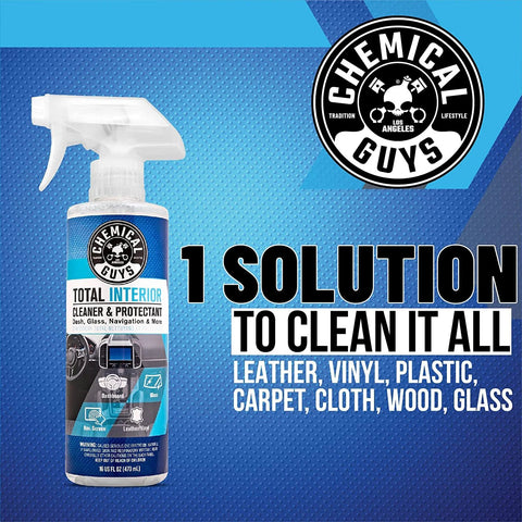 Chemical Guys Total Interior Cleaner & Protectant spray bottle, 16 oz, white bottle with blue label; cleans leather, vinyl, plastic.