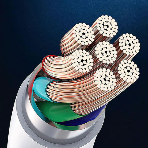 7 In 1 Power Strip Surge Protector With 30W Rapid Charging showing multiple copper wire strands inside a durable casing.