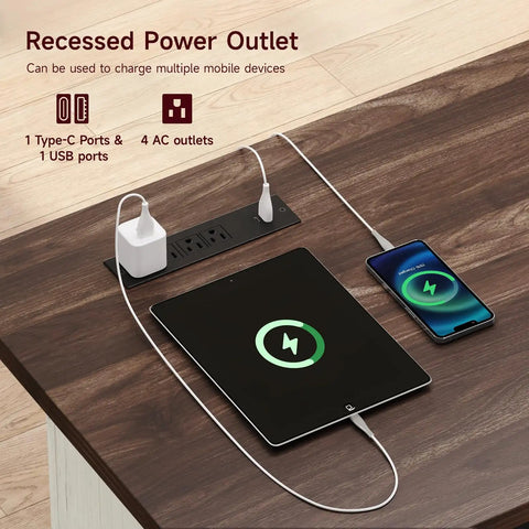 Recessed power outlet on a walnut finish tabletop with charging ports for devices at 55 Inch Electric Standing Desk Farmhouse Style Sit Stand Workstation Featuring Smooth Silent Motors Roll Out File Cabinet And Expanded Wood Surface Home Office Flex Boss Ready Daily Grind Setup.