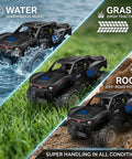 Amphibious 4WD RC Monster Truck With Waterproof Design, 1:16 Scale showcasing water, grass, and rock terrain handling abilities.