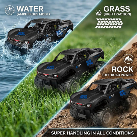 Amphibious 4WD RC Monster Truck With Waterproof Design, 1:16 Scale showcasing water, grass, and rock terrain handling abilities.