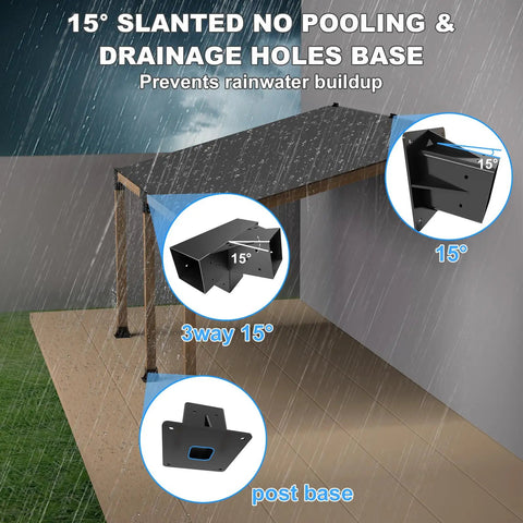 No-Fuss 15 Degree Lean Pergola Kit 4x4 Post Brackets, 4-Way Slanted Roof Brackets, Angled Post Base For Outdoor Wood Beams, DIY Gazebo Carport Sunroom Cabin Hardware Kit
