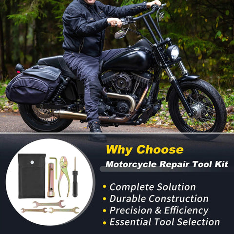 Motorcycle Repair Tool Kit Set with dual-ended screwdriver, pliers, and hex wrenches beside a black motorcycle on road.