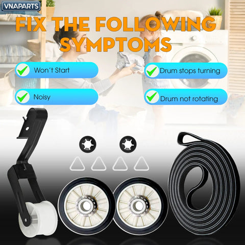 All In One Dryer Repair Kit With Drum Rollers Idler Pulley And Belt For Whirlpool Amana Maytag KitchenAid Dryers displayed with features