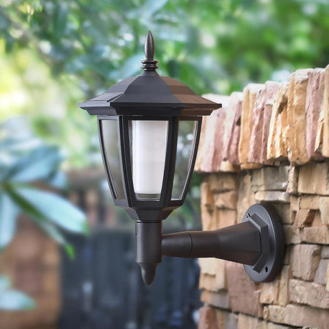 Four Pack Solar Flame Wall Lanterns Outdoor Lights Solar Powered No Wiring Needed Sconce LED Flickering Flame on brick wall