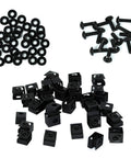 Top Notch Twenty Pack Black Cage Nuts With 1032 Threads And Three Quarter Inch Quadrex Drive Screws Paired With Nylon Washers, heavy-duty hardware set.