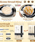 Ultimate Sourdough Starter Kit For Home Bakers with silicone bread sling and starter jar before and after proofing.