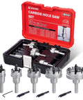 Heavy Duty Tungsten Carbide Hole Saw Kit With Pilot Bits And Hex Key, Seven Eighths To Two Inches, For Stainless Steel And Hard Metals