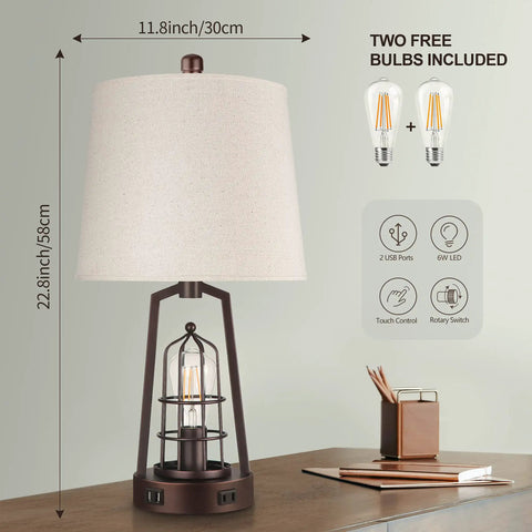 Farmhouse Bedside Lamp With Touch Control And Dimmable Lighting, with USB Charging Port on a desk, bulbs included, 22.8in tall.