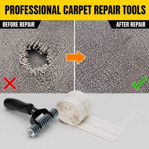 Upgraded Carpet Patch Repair Kit With Strong Double Sided Seam Tape For Living Room Hard Surfaces Super Effortless No Sweat Home Maintenance Quick Fix Solutions All In One, showing before and after repair.