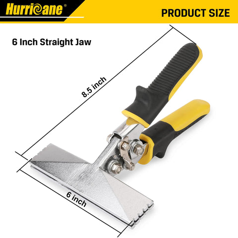 Angled front view of Hurricane sheet metal hand seamer, 6-in straight jaw, yellow and black TyreGrip handles