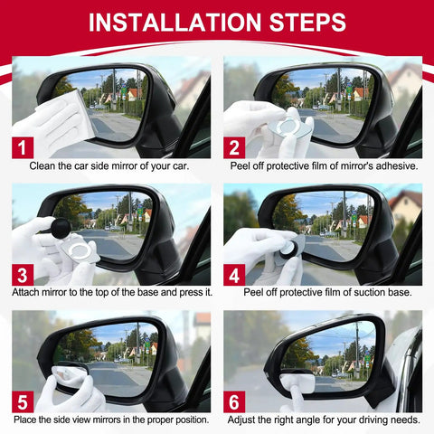 Step-by-step installation guide for Wide Angle Frameless Blind Spot Mirrors For SUV Truck And RV With 360 Degree Rotating Convex Mirrors.