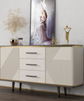 Modern sideboard with three drawers featuring black matte square bar cabinet pulls in a stylish, contemporary living room setting.