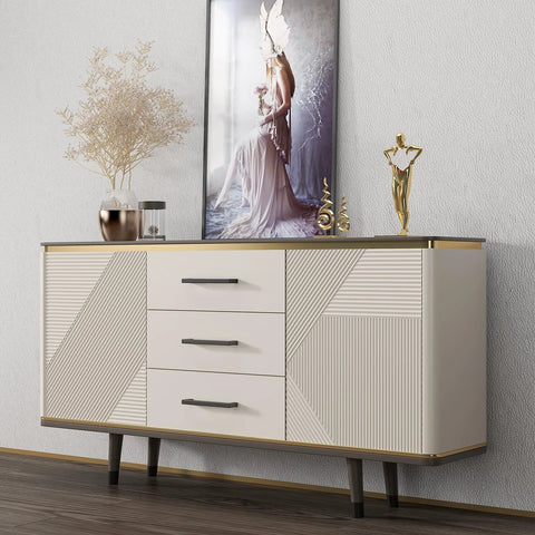 Modern sideboard with three drawers featuring black matte square bar cabinet pulls in a stylish, contemporary living room setting.