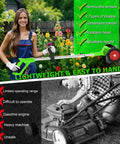 Woman using 21V Cordless Weed Wacker And Leaf Blower Combo Kit with dual batteries in garden, showing lightweight and easy-to-handle features.