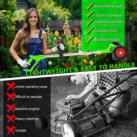 Woman using 21V Cordless Weed Wacker And Leaf Blower Combo Kit with dual batteries in garden, showing lightweight and easy-to-handle features.