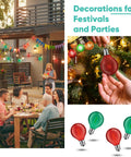 Outdoor patio with G40 LED globe bulbs, people dining; hand holding G40 bulb; colorful bulbs for decorations