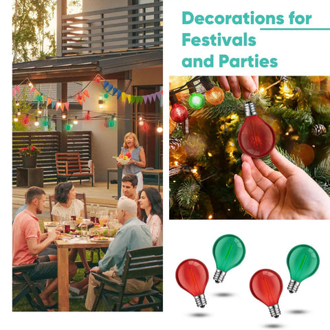 Outdoor patio with G40 LED globe bulbs, people dining; hand holding G40 bulb; colorful bulbs for decorations