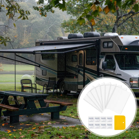 RV Roof Patch Kit With 8 White 4x6 Inch Patches 8 Alcohol Wipes And A Yellow Scraper For Stopping Camper Roof Leaks on motorhome