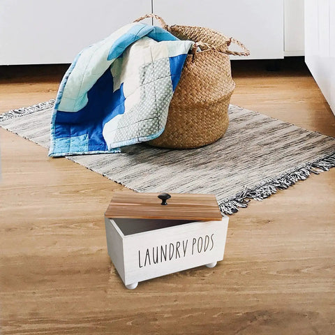 Farmhouse Style Wooden Laundry Pods Container with Lid Rustic Detergent Storage Organizer Box Pod Caddy For Laundry Room Decor