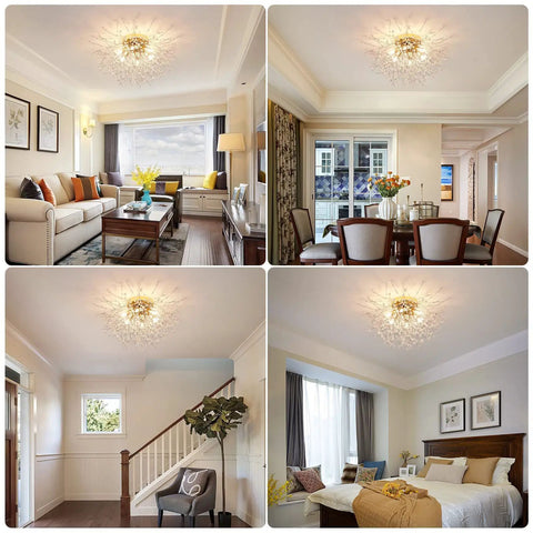 Six Light Sputnik Flush Mount Ceiling Light In Gold With Crystal Firework Design in living and dining rooms.