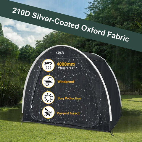 Portable Outdoor Bike Storage Shed Tent Made With 210D Oxford Fabric PU4000 Waterproof Coating And Silver Shield in a garden setting